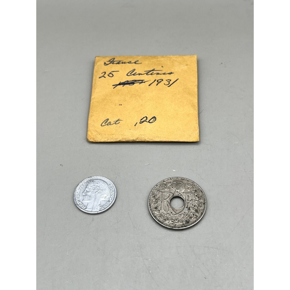 Vtg France 1931 25 Centimes Holed Coin and 1944 50 Centimes French Currency Set‎